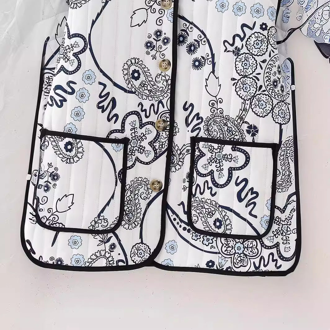 Damen Gestepptes Paisley‑Print Steppjacke mit Kontrastpaspel und Rundhalsausschnitt Echo Archiv