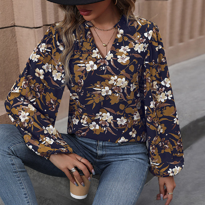 Damen Leichte Chiffonbluse mit floralem Alloverprint, V-Ausschnitt und voluminösen Bündelärmeln Echoarchiv