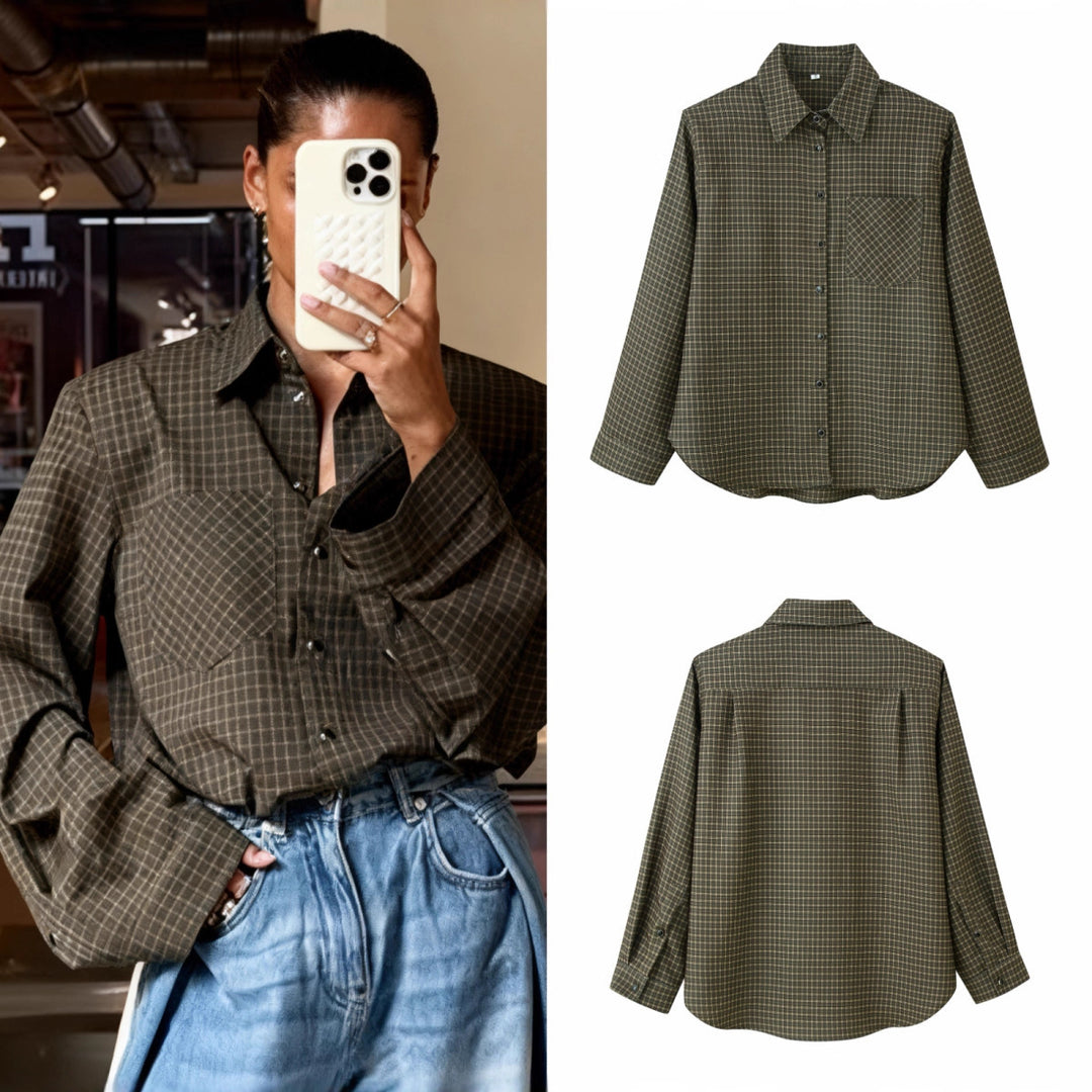 Damen Oversize-Karo-Hemd mit Brusttasche und abgerundetem Saum Echo Archiv