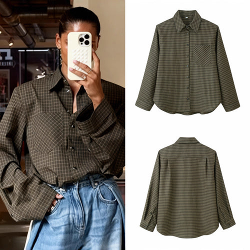 Damen Oversize-Karo-Hemd mit Brusttasche und abgerundetem Saum Echo Archiv