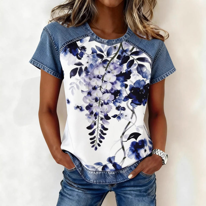 Damen Kurzarmshirt mit Jeans-Einsätzen und Teddy-Patchprint Echo Archiv