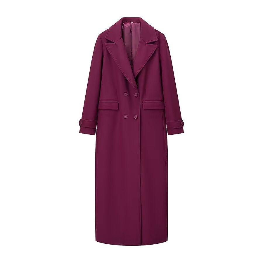 Damen extra langer Mantel mit klarer Silhouette, Doppelreiher und Manschettenriegel – Montévia