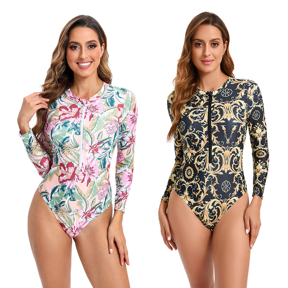 Damen Sportlicher Langarm-Badeanzug mit Reißverschluss und eleganten Mustern Echo Archiv
