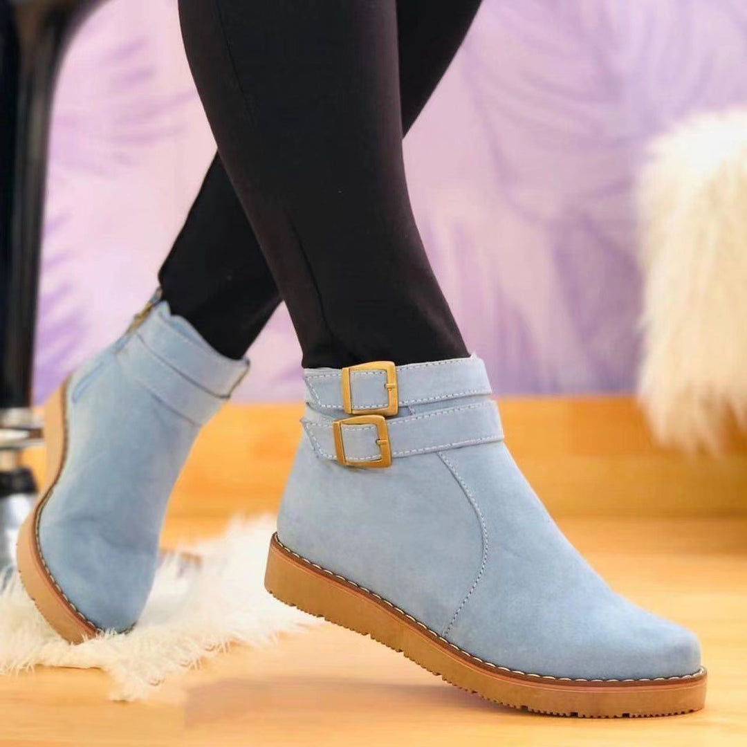Damen Knöchelstiefel aus Veloursimitat mit Doppelriemen und flacher Keilsohle Echo Archiv