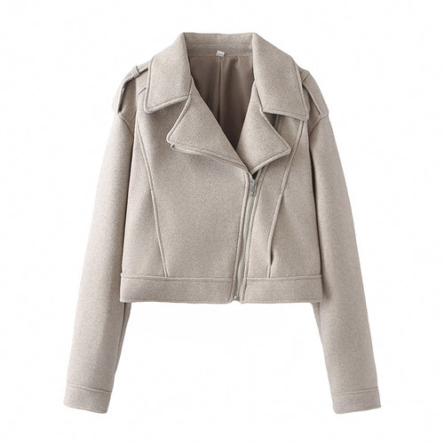 Damen cropped Wollmix-Bikerjacke mit asymmetrischem Reißverschluss und großem Schalkragen – Célinea