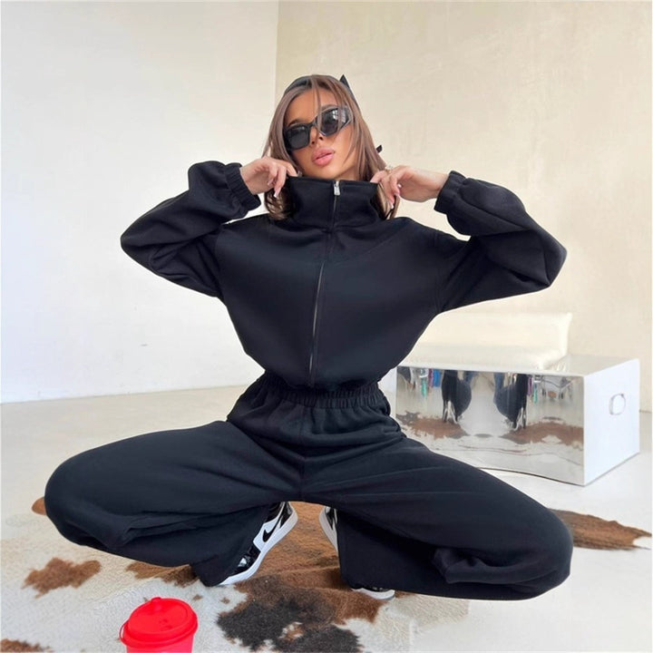 Damen Loungewear-Set mit halbem Reißverschluss, elastischem Taillenbund und weiter Jogginghose – Avérine