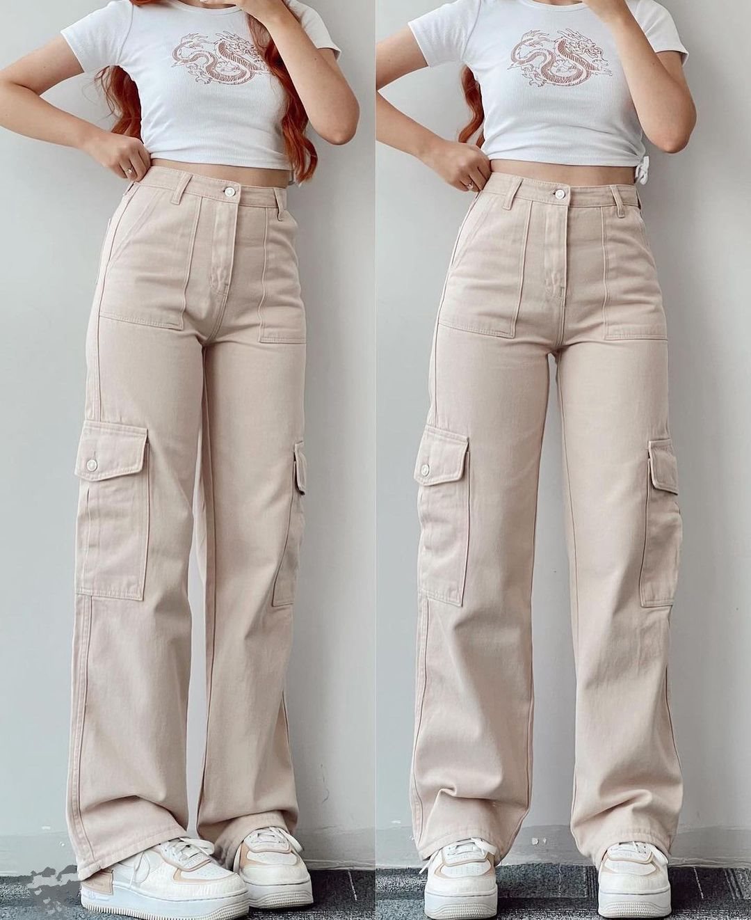 Damen High-Waist-Cargohose aus Twill mit aufgesetzten Klappentaschen und weitem Bein Echo Archiv