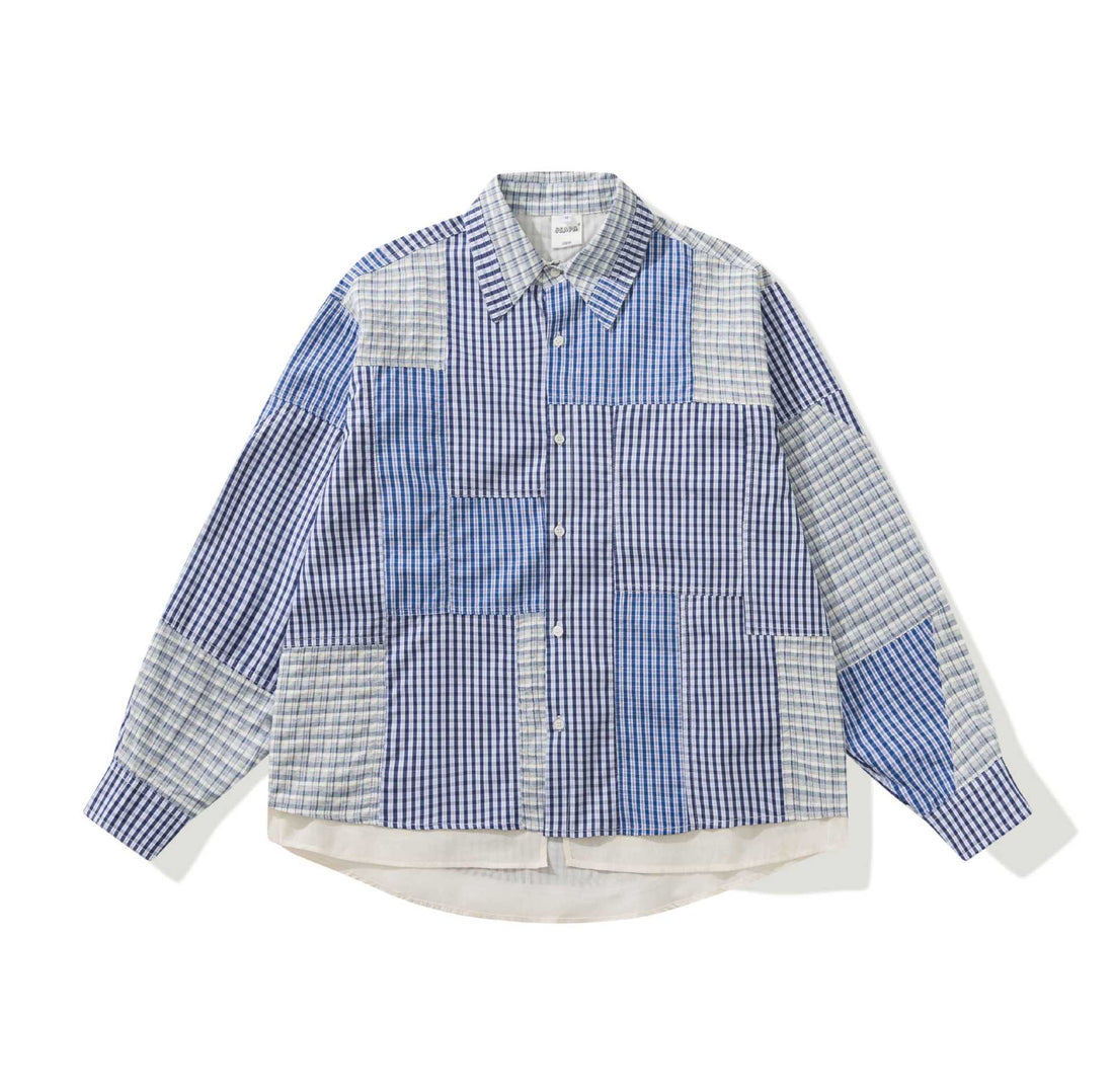 Unisex Patchwork-kariertes Overshirt mit verlängertem Saum Echoarchiv