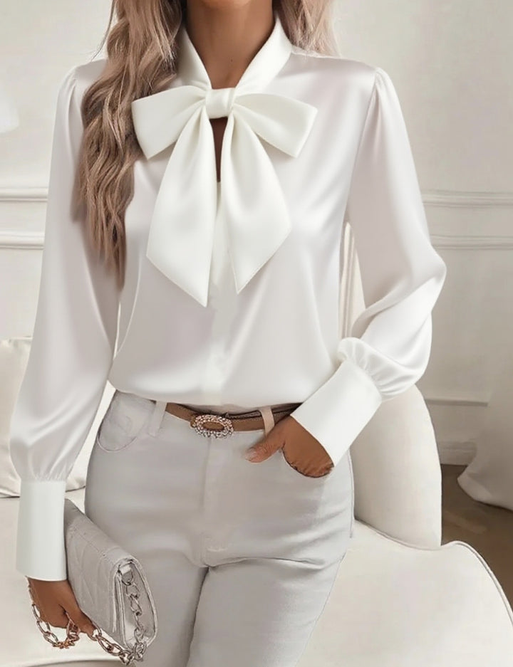 Damen elegante Satinbluse mit Schleifenkragen und Puffärmeln Echo Archiv