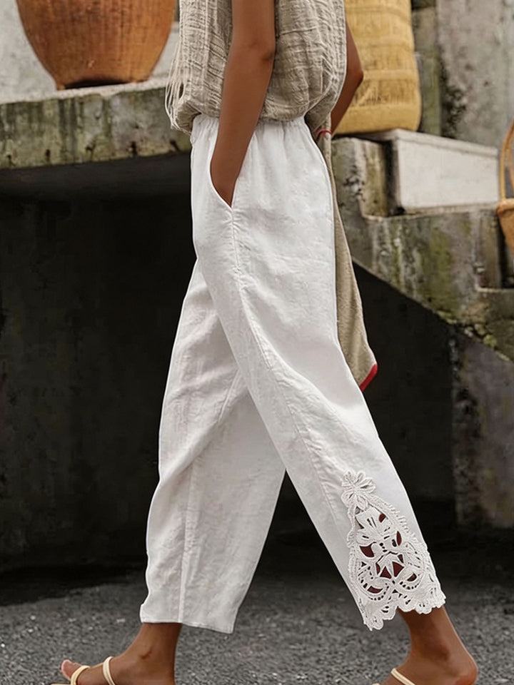 Damen elegante Leinenhose mit Spitzenapplikationen Echo Archiv