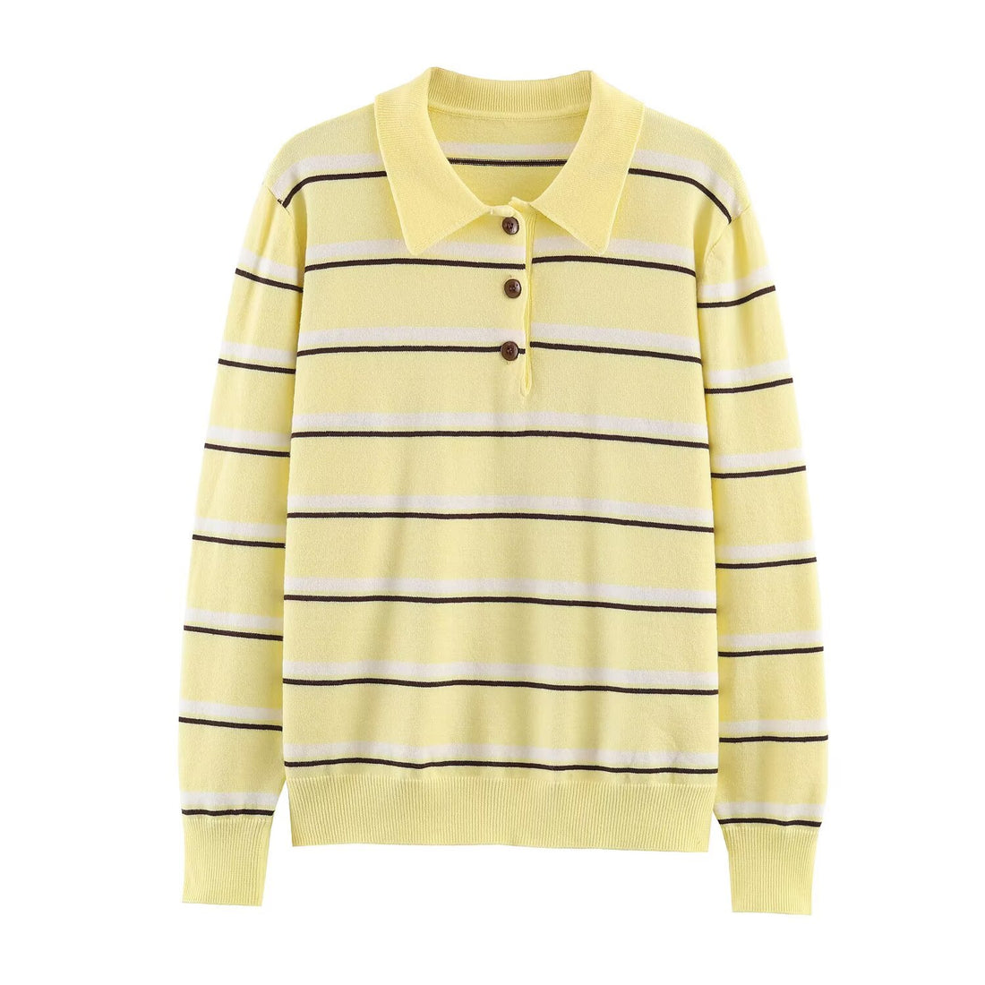 Damen gestreifter Feinstrick-Polopullover mit Knopfleiste, Rippbündchen und leichter Wollmischung – Mavelle