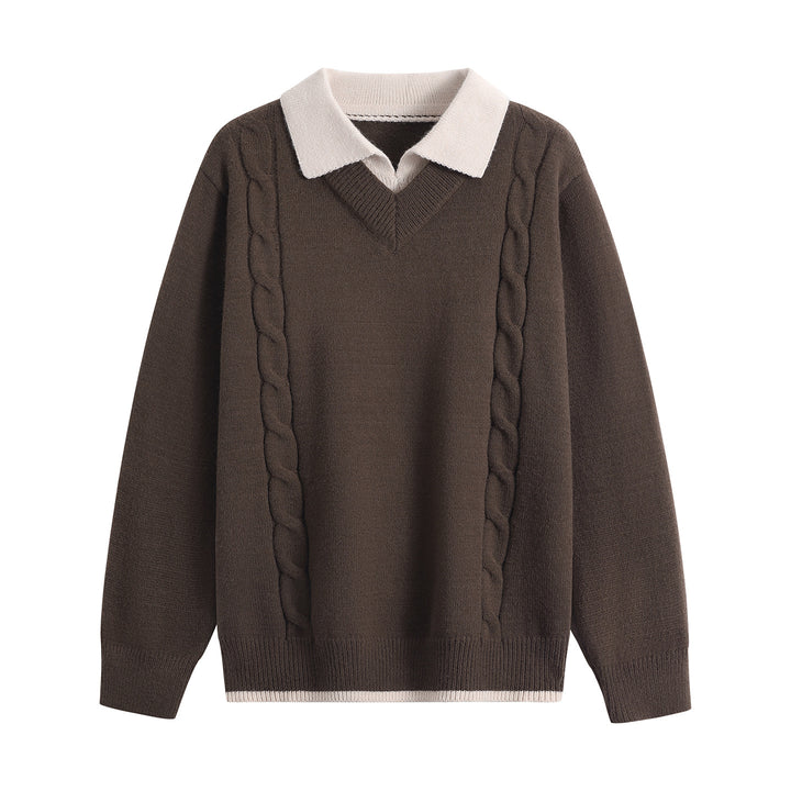 Damen Oversize-Pullover mit V-Ausschnitt, kontrastierendem Polokragen & Zopfstrick-Details Echoarchiv