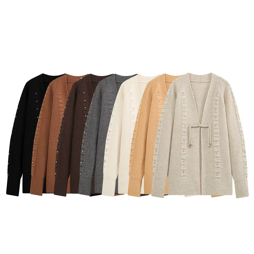 Damen Grobgestrickter Longcardigan mit Ziersteinen und Kordelbindung Echo Archiv