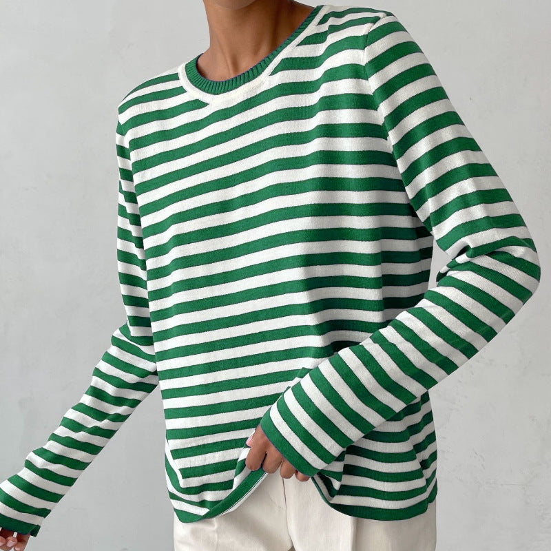 Damen nan gestreifter Baumwollpullover mit Rundhals und legerer Passform Echo Archiv