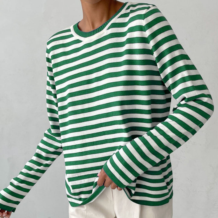 Damen nan gestreifter Baumwollpullover mit Rundhals und legerer Passform Echo Archiv