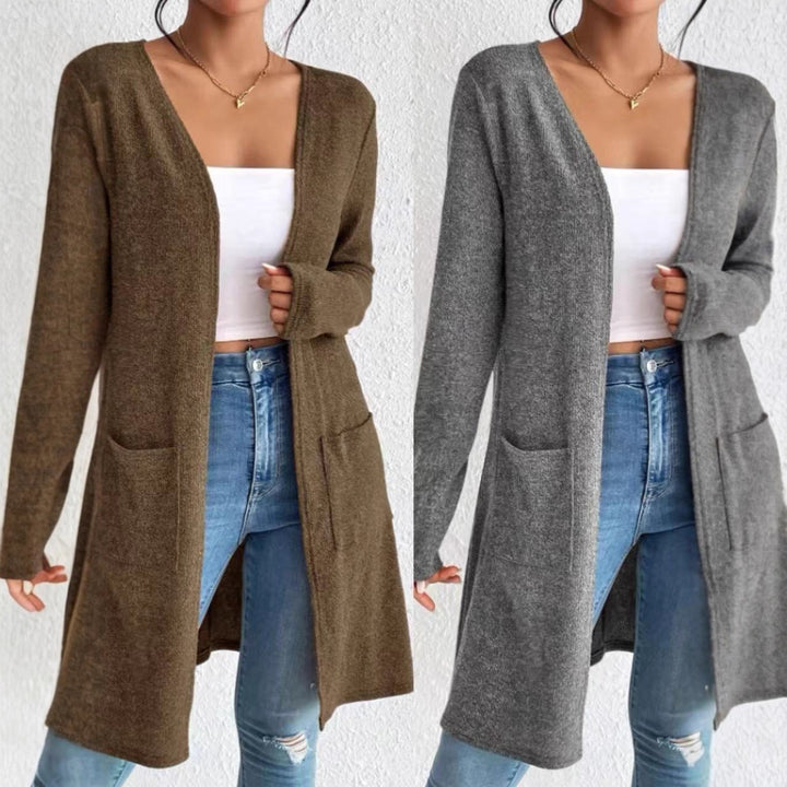 Damen offener Longcardigan mit aufgesetzten Taschen und weichem Feinstrick – Veloura