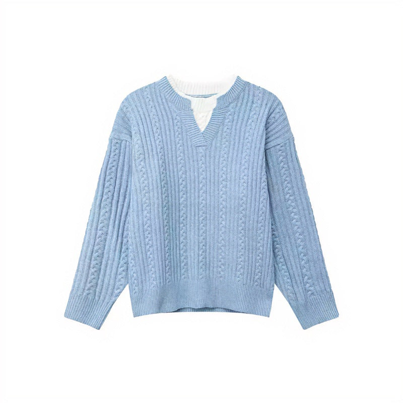 Damen Grobgestrickter Zopfmuster-Pullover mit V‑Ausschnitt und Lagen‑Optik Echoarchiv