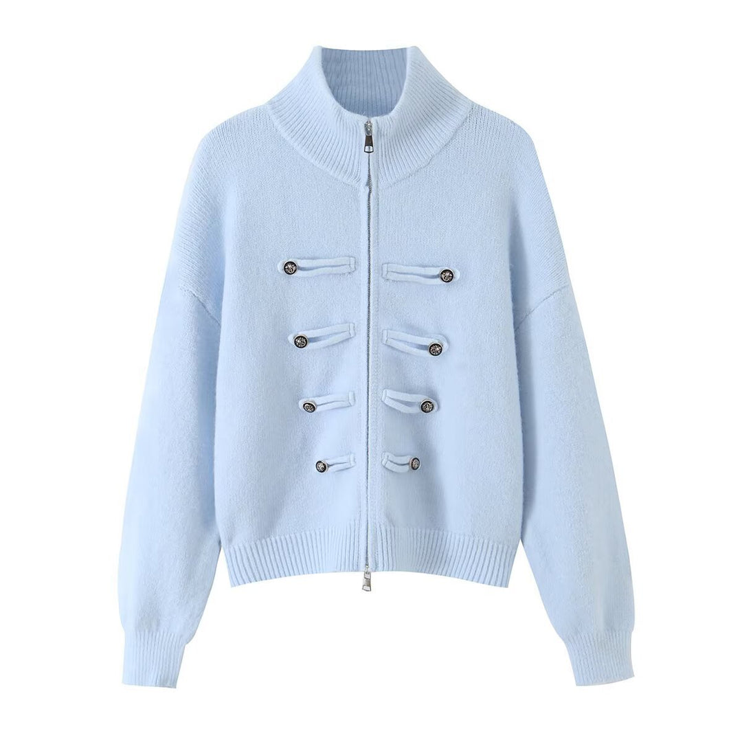 Damen Strickjacke mit Stehkragen, Reißverschluss und dekorativen Knotenblenden Echoarchiv