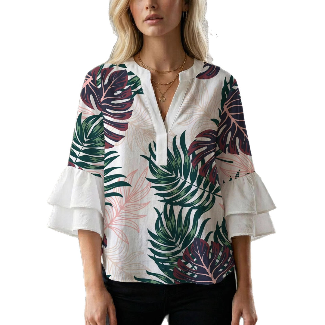 Damen Blusenshirt mit voluminösen Ärmeln und kreativem Druckdesign Echo Archiv