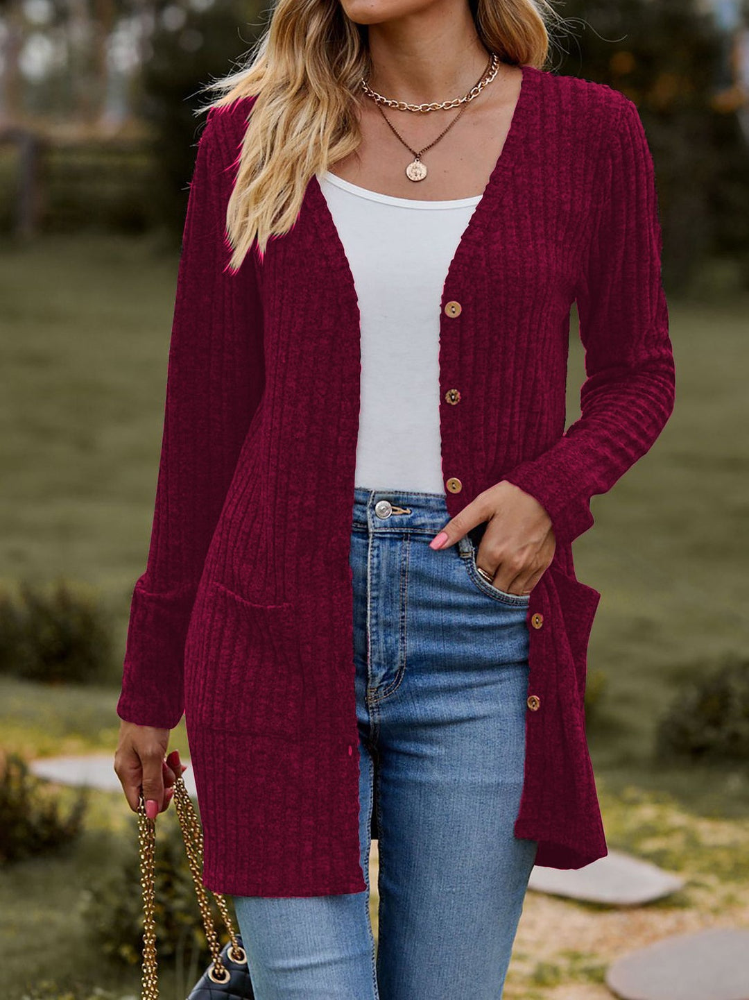 Damen nan langer gerippter Strickcardigan mit Eingrifftaschen und Holzknöpfen Echo Archiv
