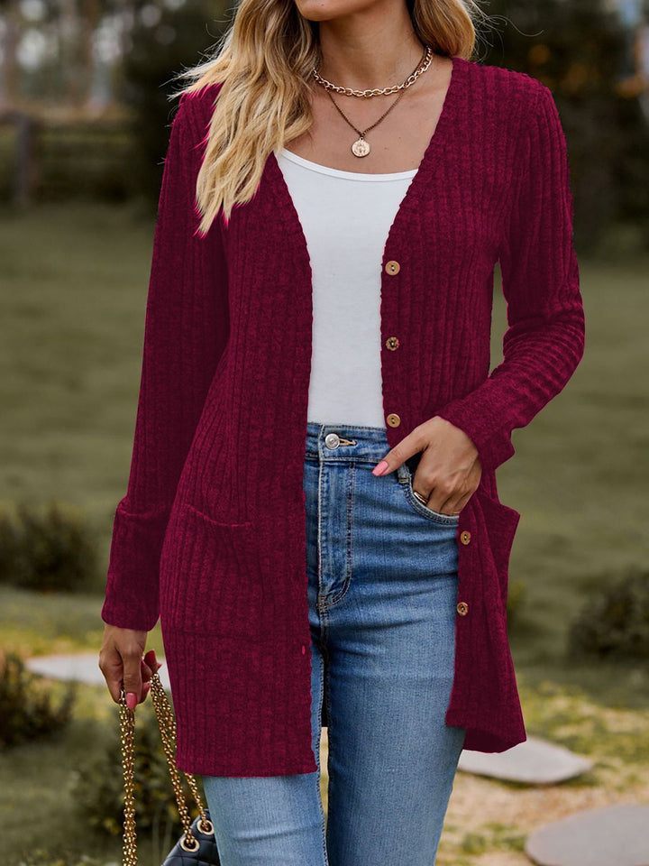 Damen nan langer gerippter Strickcardigan mit Eingrifftaschen und Holzknöpfen Echo Archiv