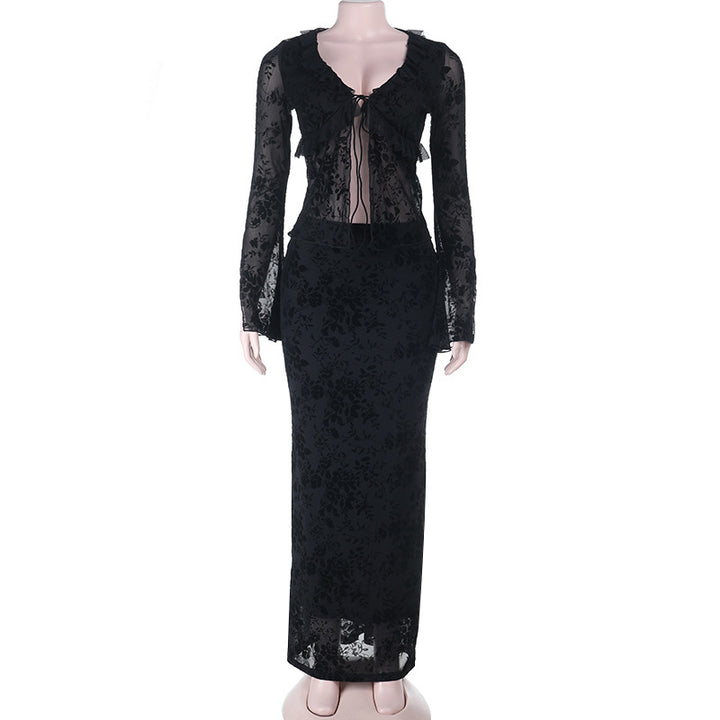 Damen Langarm Spitzenkleid mit Rüschendetails Echo Archiv