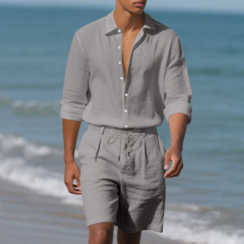 Herren lässiges Leinenhemd mit modischem Henley-Kragen und praktischen Brusttaschen Echoarchiv