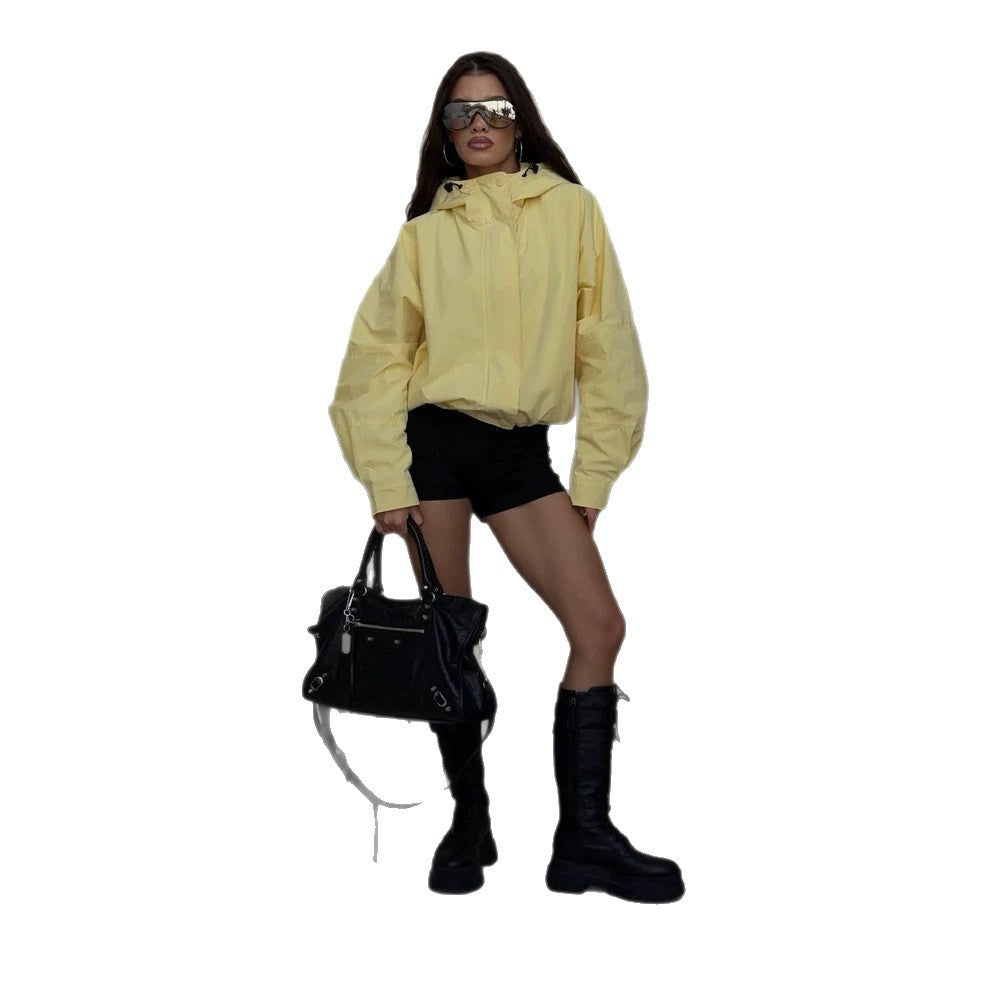 Damen Oversize Windbreaker Jacke mit Kapuze und kurzem Cropped‑Schnitt Echoarchiv