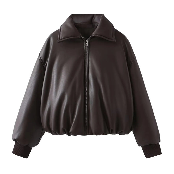 Damen nan gepolsterte Cropped Kunstleder-Bomberjacke mit Hemdkragen elastischem Saum und Rippbündchen Echo Archiv