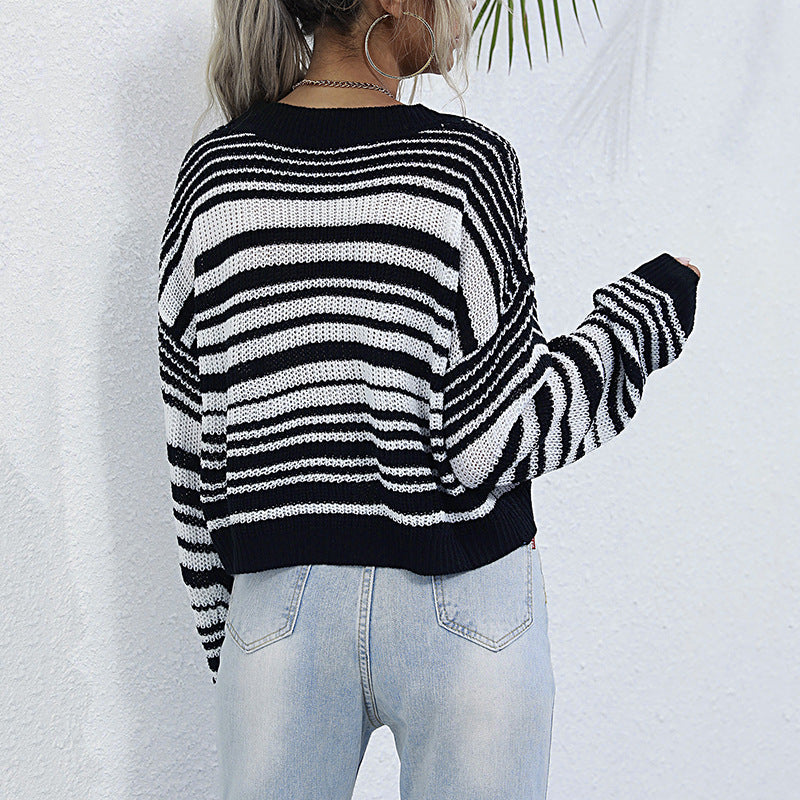 Damen Cropped-Strickpullover mit Off-Shoulder, lockerer Oversize-Passform & Streifenmuster Echoarchiv