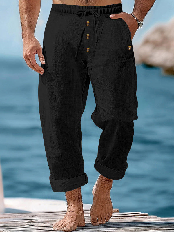 Herren lässige Leinenhose mit verstellbarem Bund und funktionalen Taschen Echoarchiv