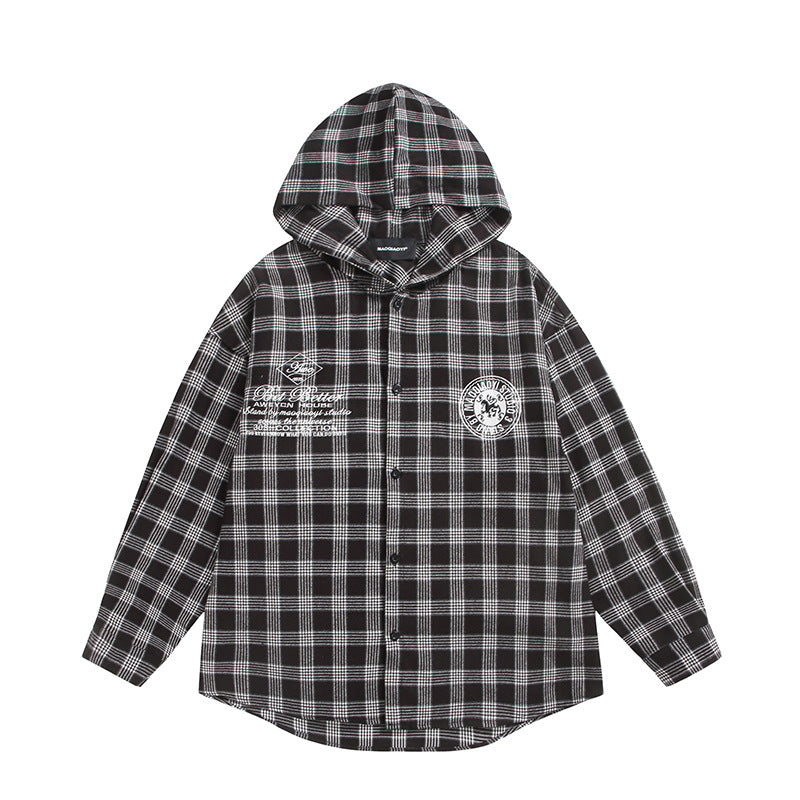 Unisex Kariertes Kapuzen-Overshirt aus Flanell mit Logostickerei und Oversize-Schnitt Echoarchiv