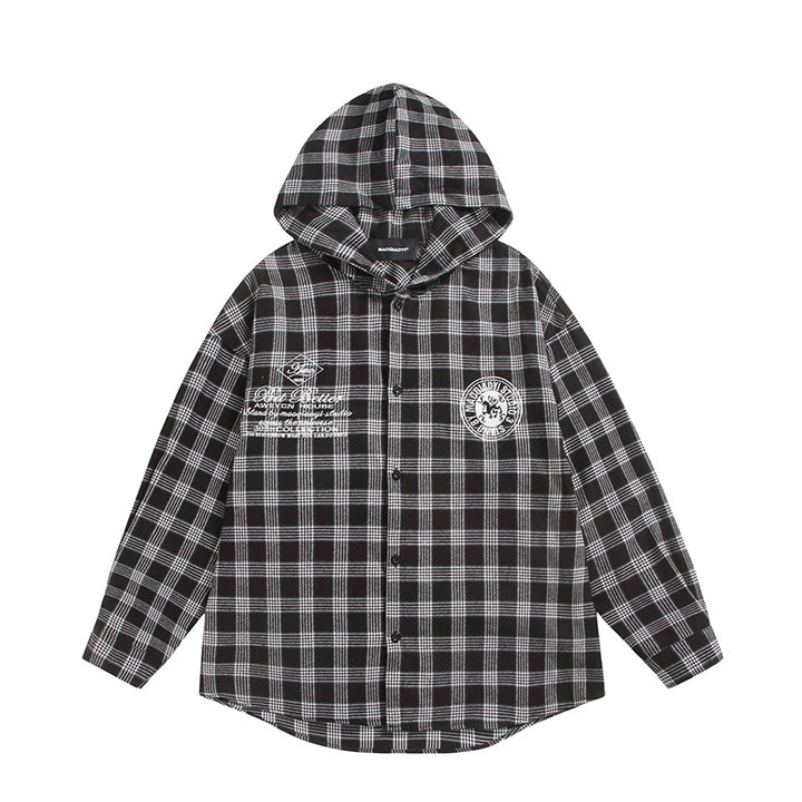 Unisex Kariertes Kapuzen-Overshirt aus Flanell mit Logostickerei und Oversize-Schnitt Echoarchiv