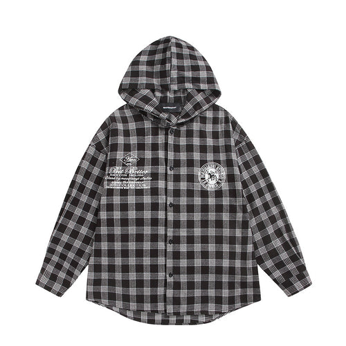 Unisex Kariertes Kapuzen-Overshirt aus Flanell mit Logostickerei und Oversize-Schnitt Echoarchiv