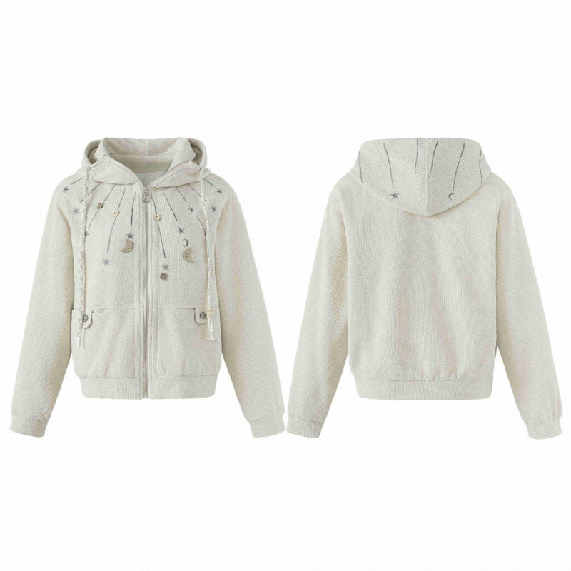 Damen Boxy-Strick-Kapuzenjacke mit himmlischer Stickerei, durchgehendem Reißverschluss und Kordelzug Echo Archiv