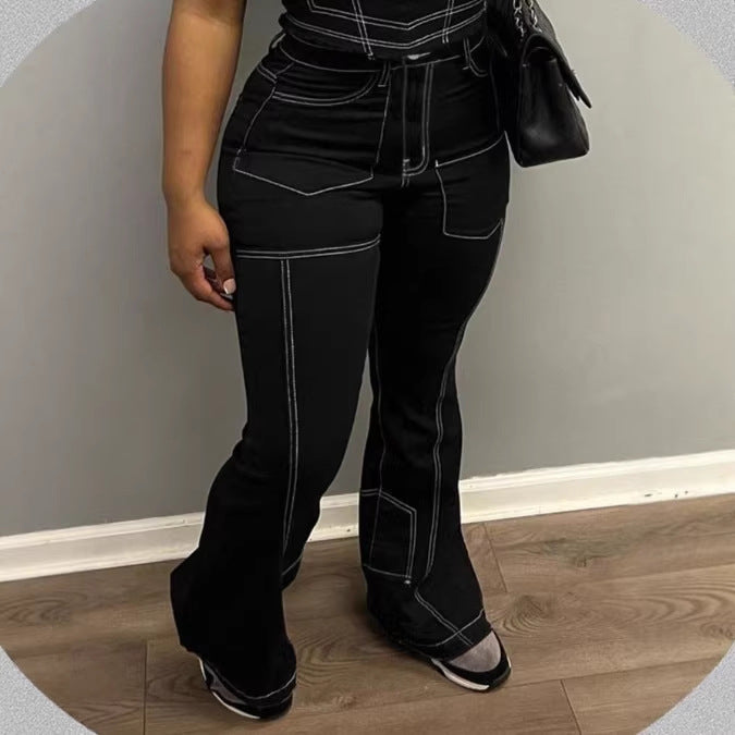 Damen High-Waist Flared-Jeans mit Kontrastnähten und Cargo‑Einsätzen Echo Archiv