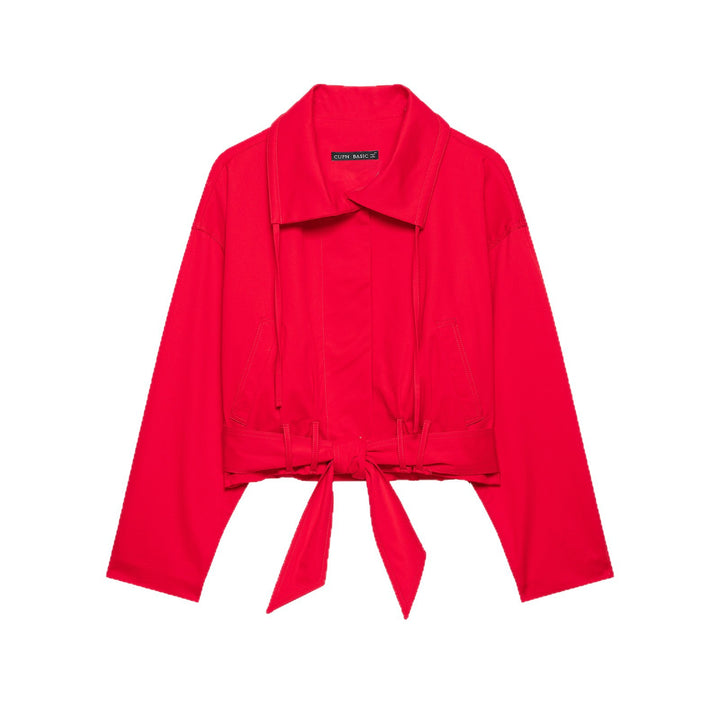 Damen Cropped Übergangsjacke mit Tunnelzugtaillierung, weitem Hemdkragen und Bindegürtel Echoarchiv