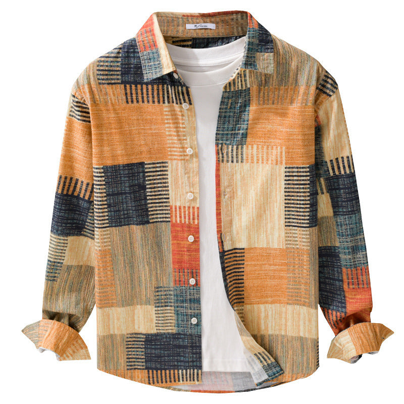 Herren Gemustertes Langarm-Hemd im Patchwork-Look aus leichtem Baumwollmix Relaxed Fit Echoarchiv
