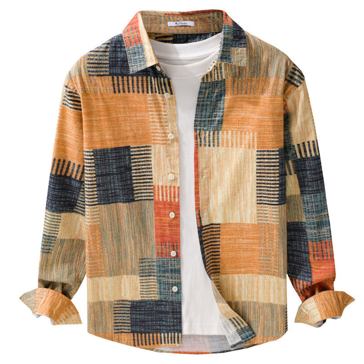 Herren Gemustertes Langarm-Hemd im Patchwork-Look aus leichtem Baumwollmix Relaxed Fit Echoarchiv