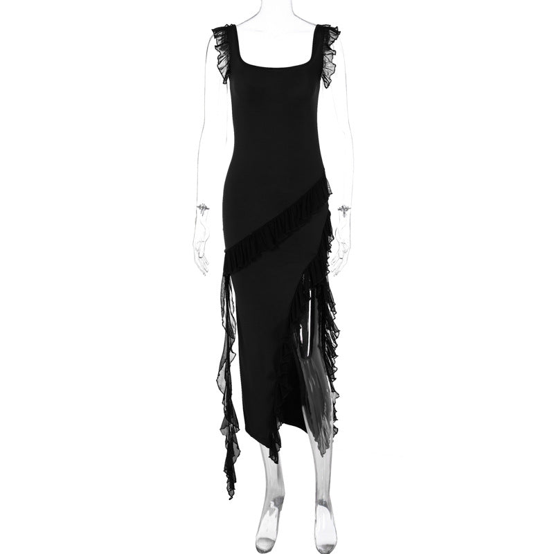 Damen asymmetrisches Maxi-Kleid mit Rüschendetails und hohem Schlitz Echo Archiv