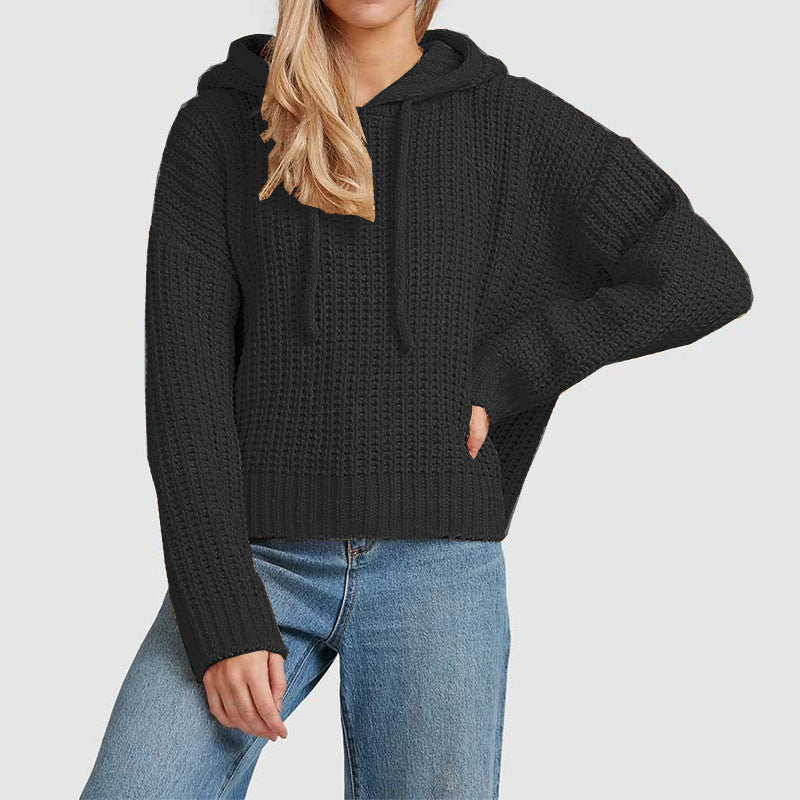 Damen Grobstrick-Kapuzenpullover mit Waffelstruktur, überschnittener Schulter und kurzem Saum Echo Archiv