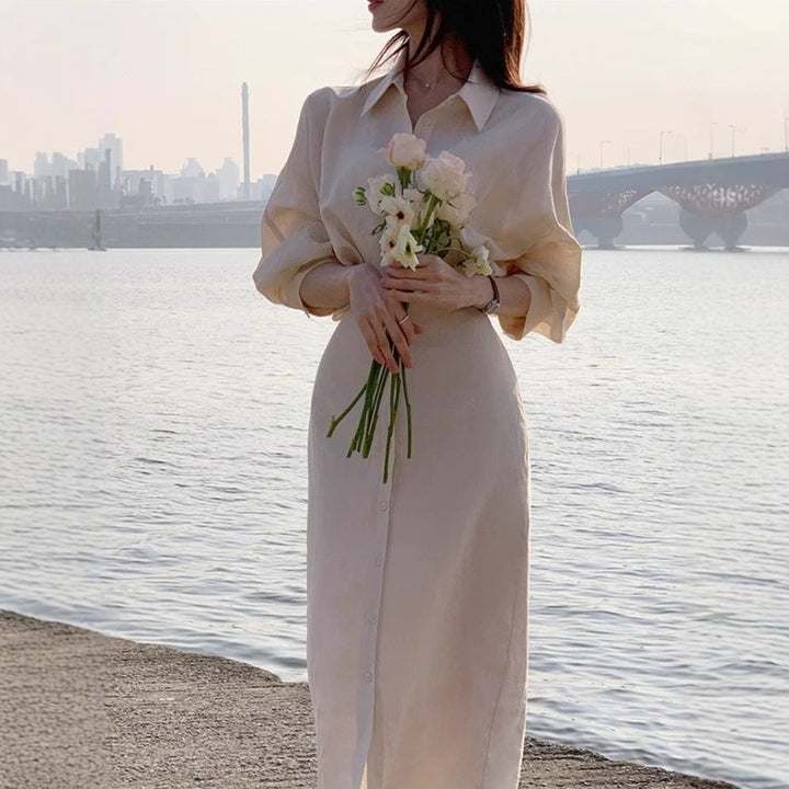 Damen Hemdblusenkleid aus Leinenoptik mit Tunnelzugtaillenband und krempelbaren 3/4-Ärmeln – Élara