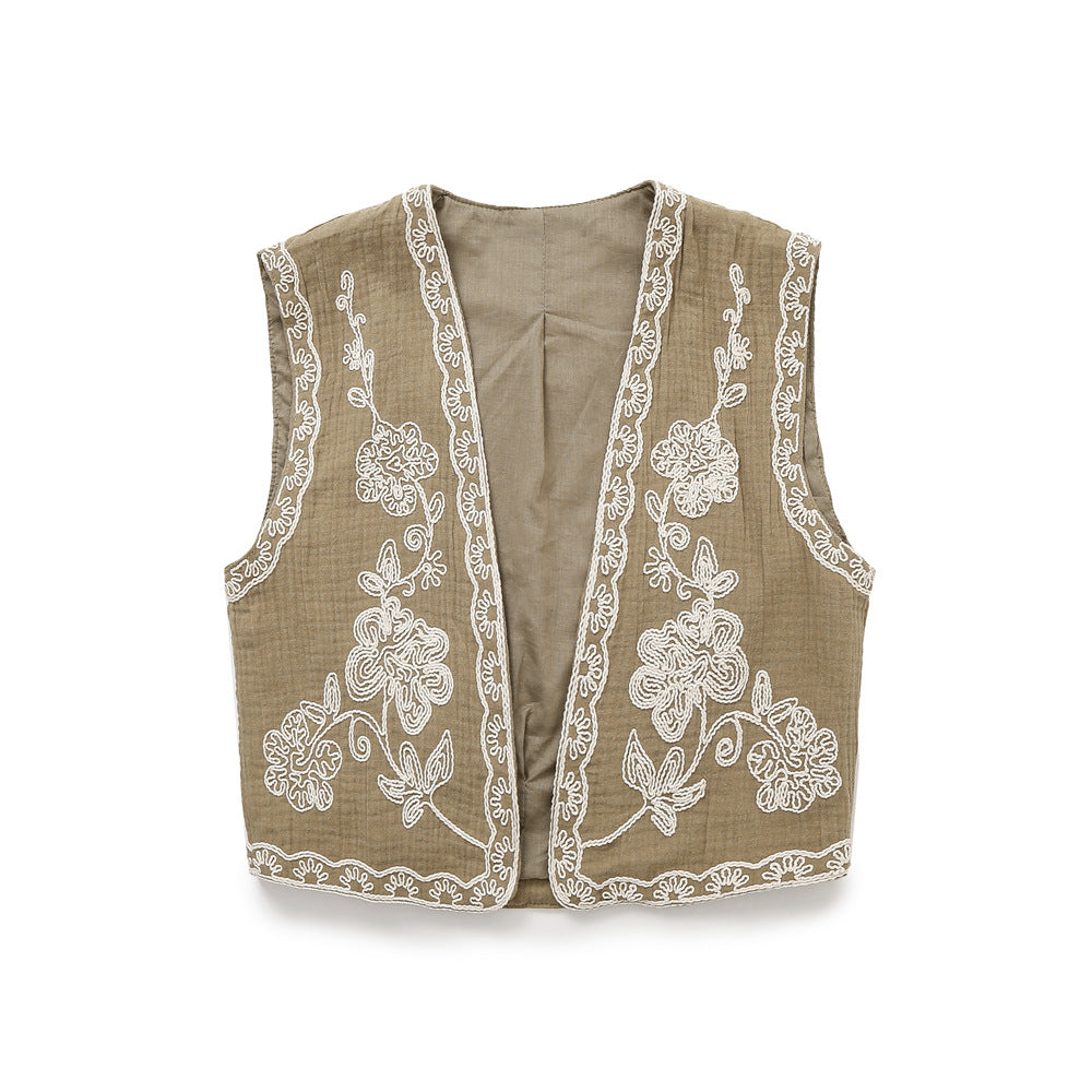 Damen Ärmellose Leinenweste mit floraler Reliefstickerei und offener Front Echoarchiv