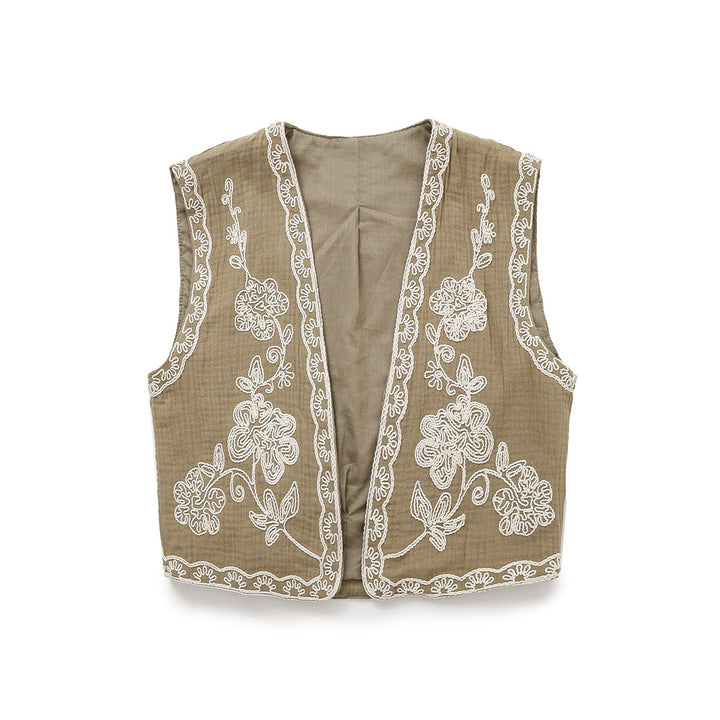 Damen Ärmellose Leinenweste mit floraler Reliefstickerei und offener Front Echoarchiv