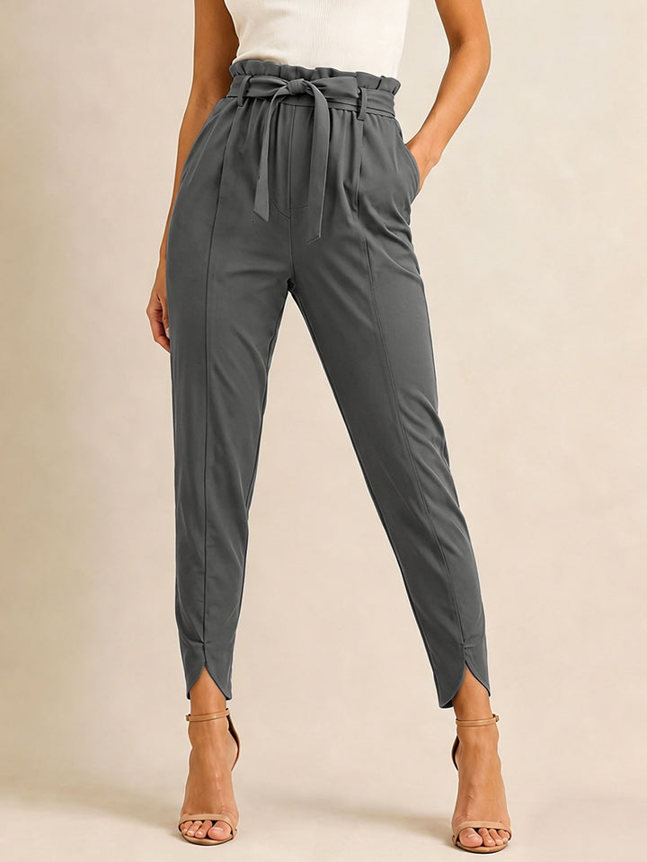 Damen nan hoch taillierte Paperbag-Hose mit Bindegürtel und geschlitztem Knöchelabschluss Echo Archiv