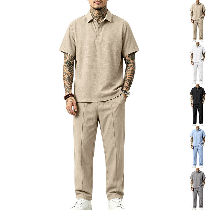 Herren Polo-Lounge-Set aus leichter Leinenmischung mit Kurzarm-Polo und gerader Bundfaltenhose Echoarchiv