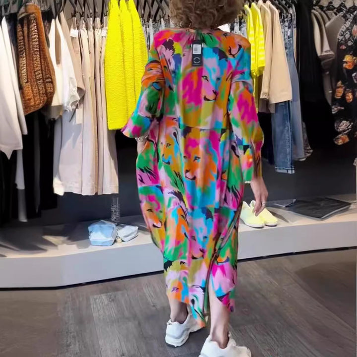 Damen nan Hemdblusen-Maxikleid mit Pop‑Art-Löwenprint, Knopfleiste und Eingrifftaschen Echo Archiv