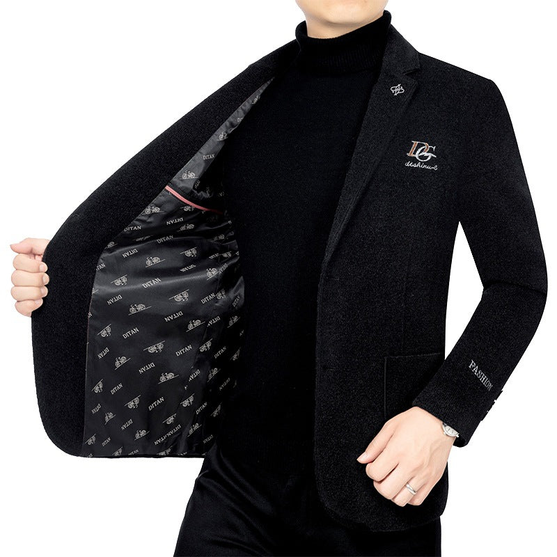 Herren Bouclé-Sakko mit kontrastierendem Satin-Innenfutter und Bruststickerei – Tianoro
