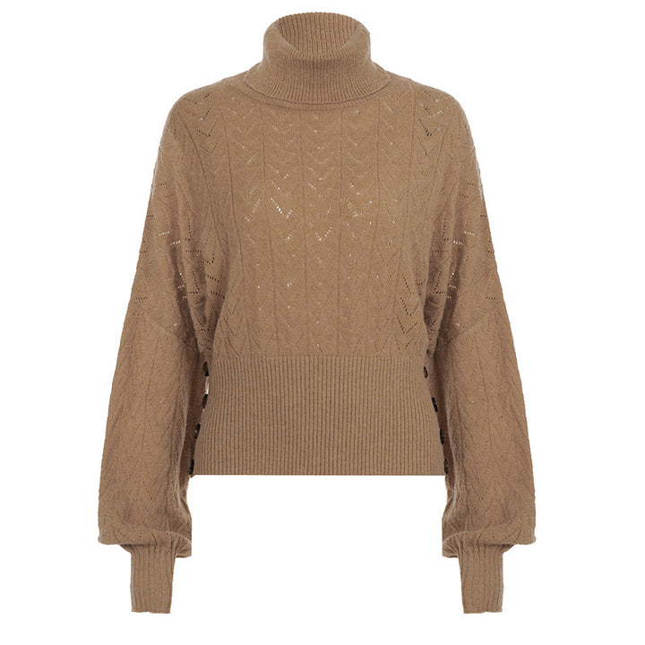 Damen nan kurzes Strick-Turtleneck mit Zierknopfleiste und Ballonärmeln Echo Archiv