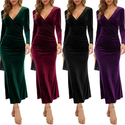 Damen nan elegantes Wickel-Maxikleid aus Samt mit V-Ausschnitt und figurformender Raffung Echo Archiv